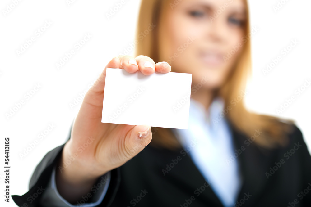 Smiling businesswoman showing a blank card Smiling businesswoman showing a blank card