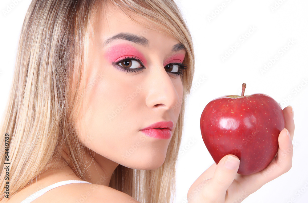 Mujer rubia con manzana roja Mujer rubia con manzana roja