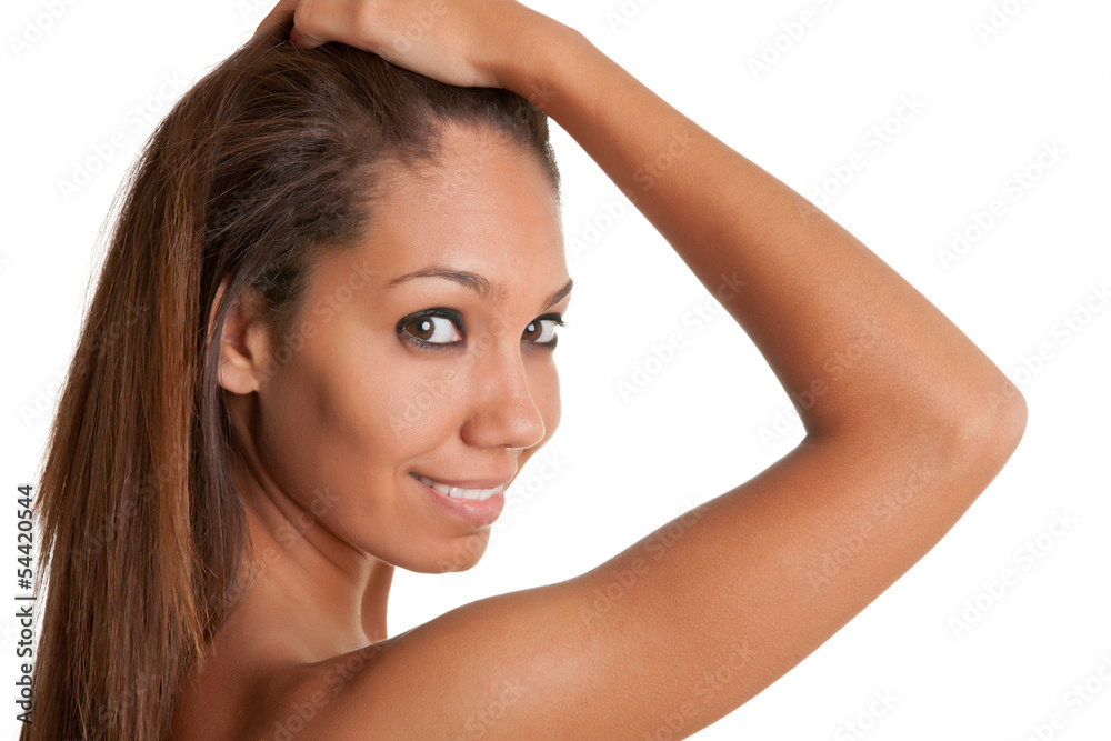 Beautiful African Woman Holding Her Hair and Smiling Beautiful African Woman Holding Her Hair and Smiling