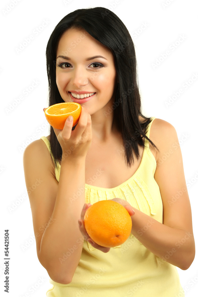 Girl with fresh oranges isolated on white Girl with fresh oranges isolated on white