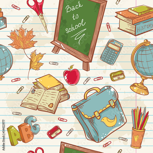 Back to school seamless pattern with various study items