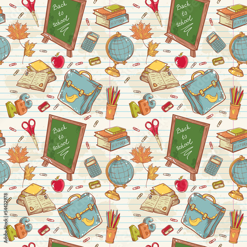Back to school seamless pattern with various study items