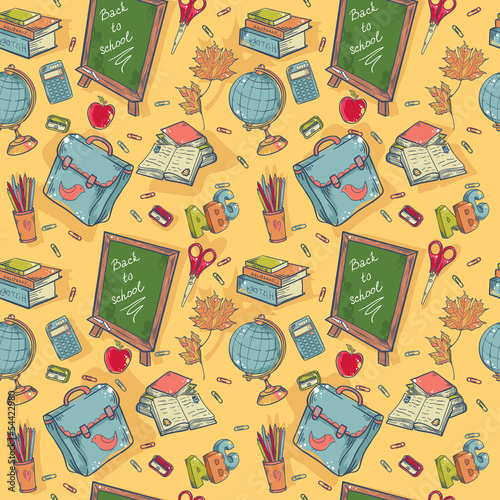 Back to school seamless pattern with various study items