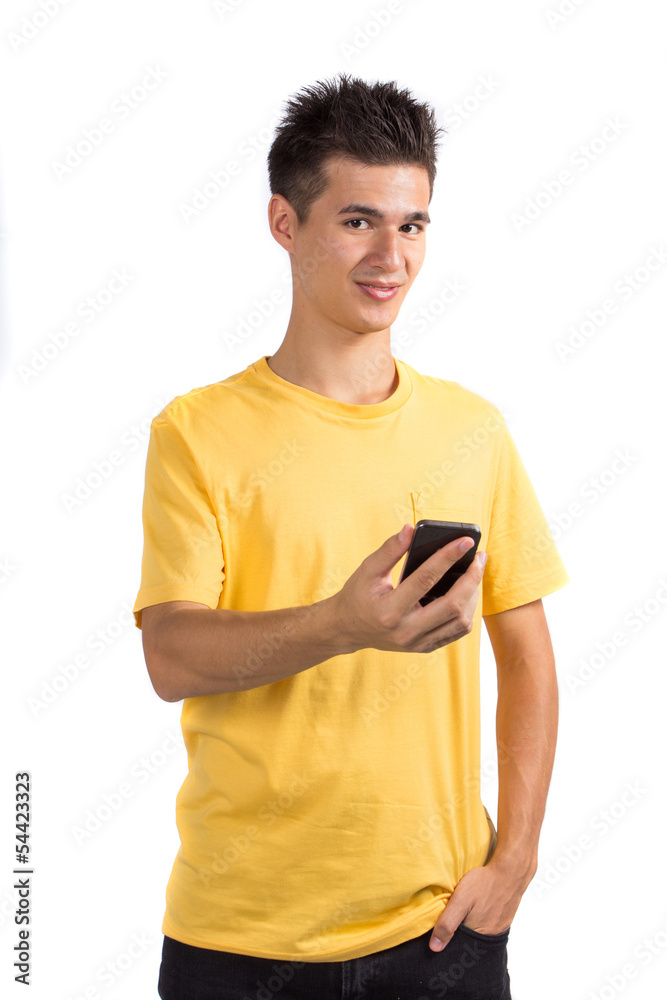 Young man using a mobile phone, isolated on white background Young man using a mobile phone, isolated on white background