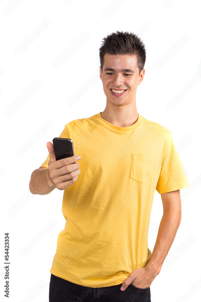 Young man using a mobile phone, isolated on white background Young man using a mobile phone, isolated on white background