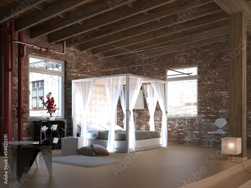 White canopy bed in a loft with brick wall