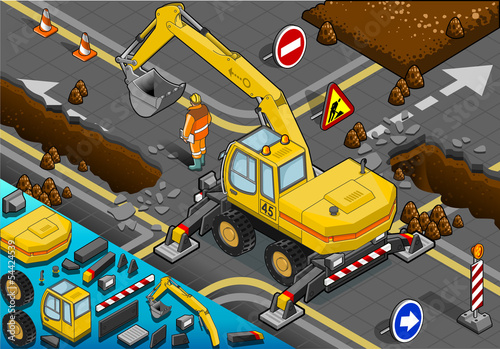 Isometric Yellow Excavator with Four Arms in Rear View