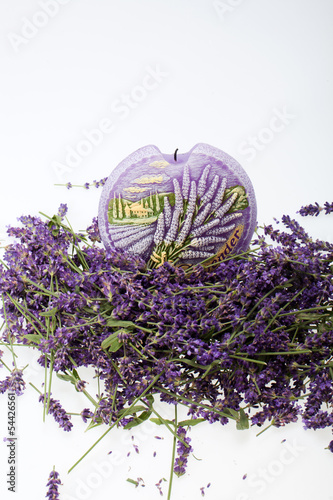 Lavender and candle isolated on white background