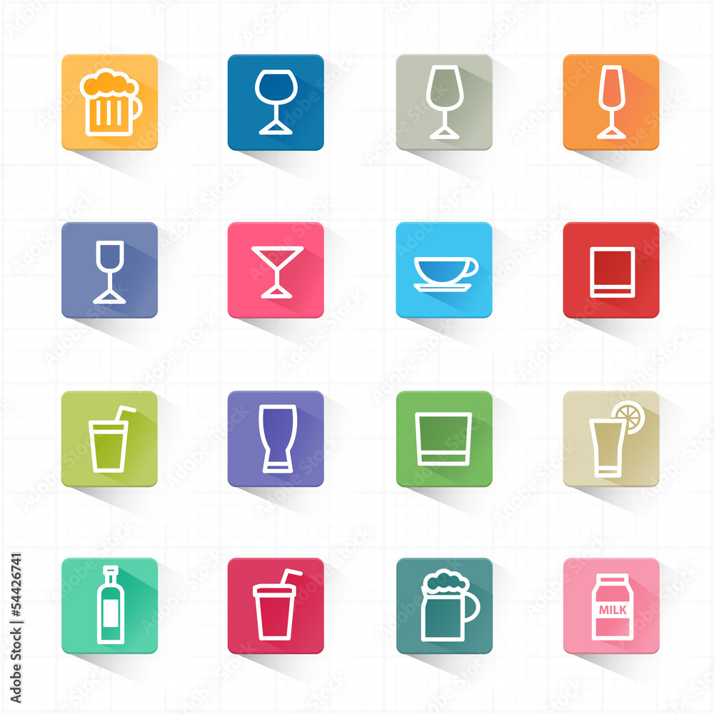Drink cocktail flat icons set and white background