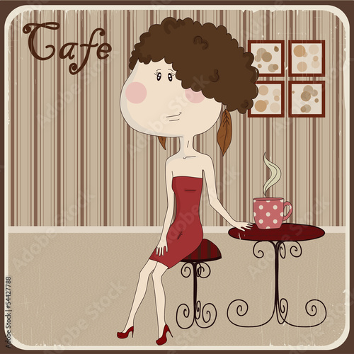 Illustration of a girl in a cafe. Vintage style. Eps 10.