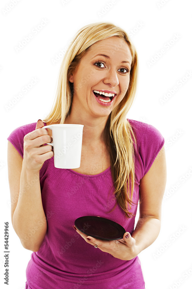 Young woman excited and happy holding her coffee Young woman excited and happy holding her coffee