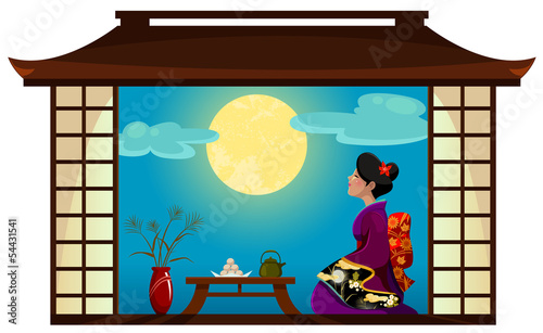 japanese woman watching the full moon