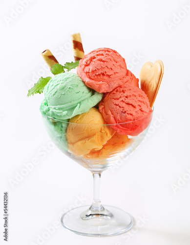 Fruit sherbets in ice cream coupe photo