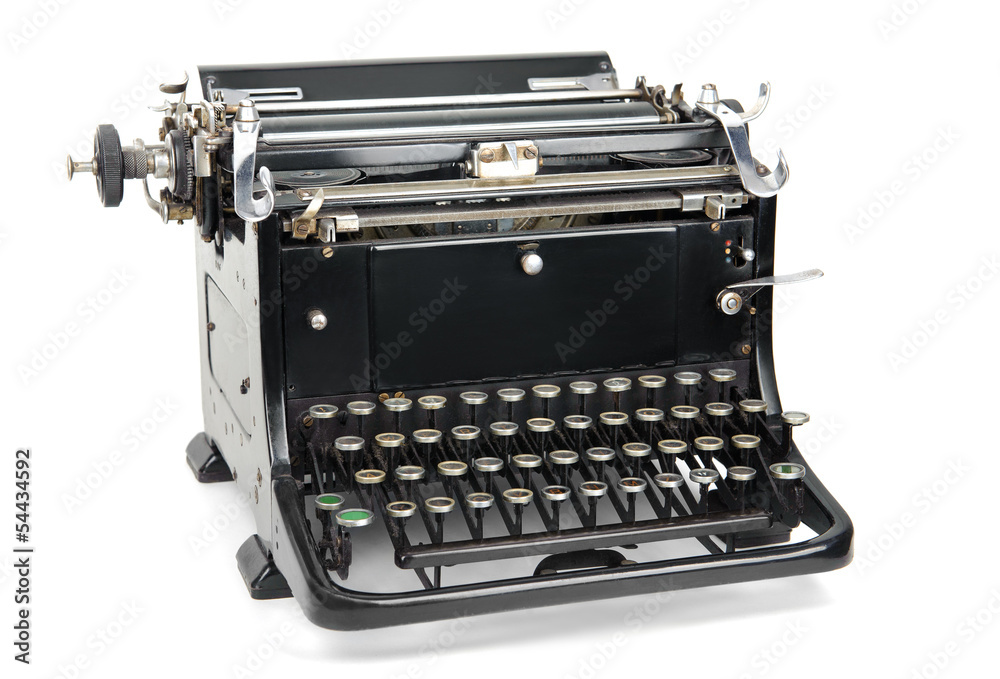 Old typewriter isolated on white. - obrazy, fototapety, plakaty 