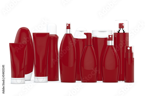 Red cosmetic bottles