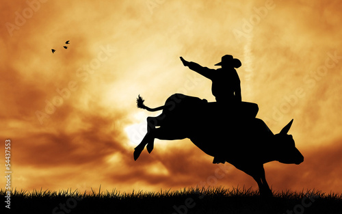 Bull rider at sunset