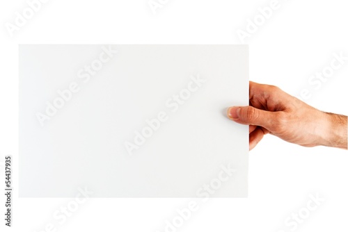 Male hand holding blank paper sheet, isolated on white