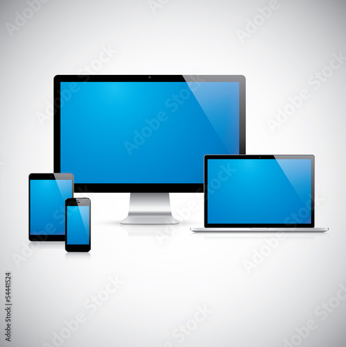 Realistic tablet, laptop, smartphone and display set vector