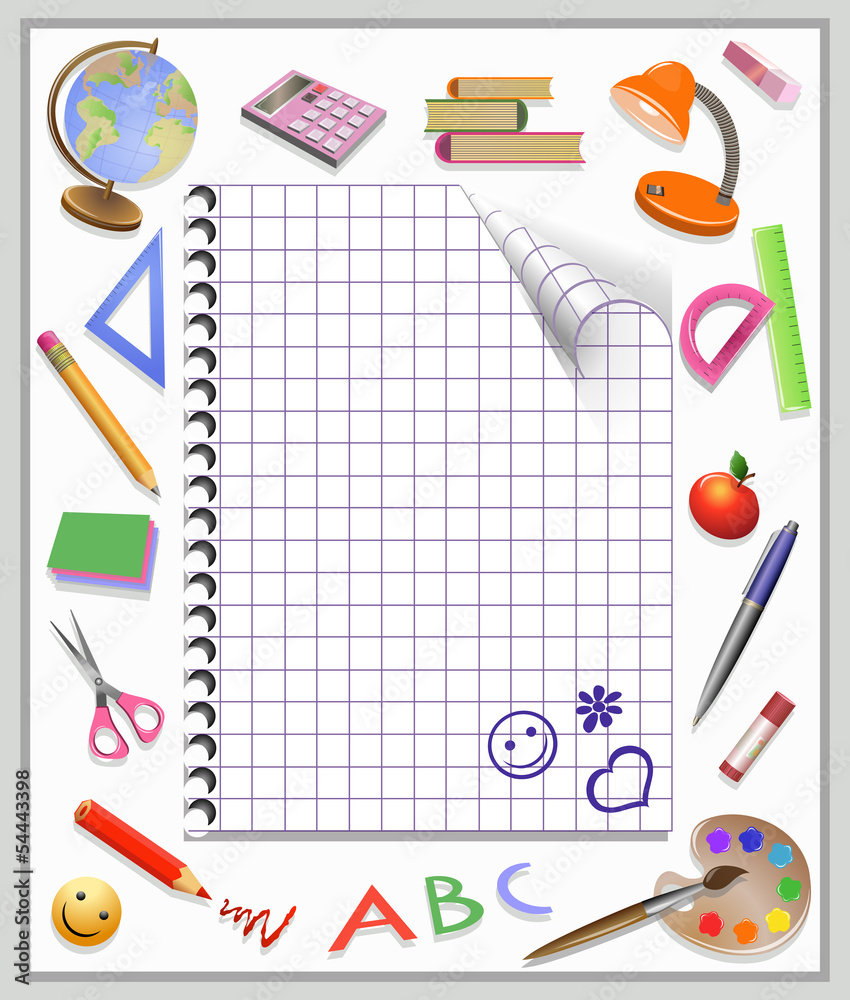 Page of a notebook and tooling. School vector illustration. Page of a notebook and tooling. School vector illustration.
