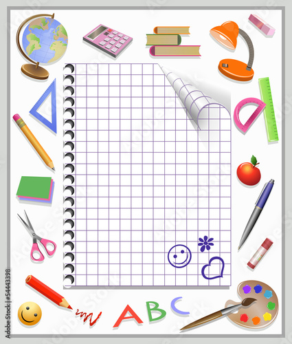 Page of a notebook and tooling. School vector illustration.