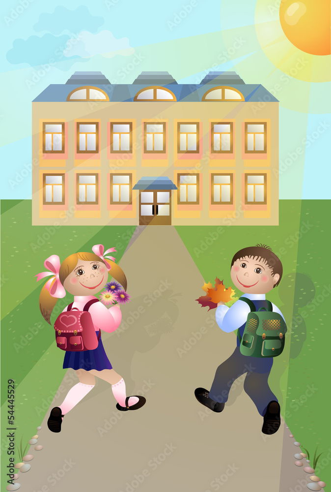 Girl and boy go to school. Vector illustration.