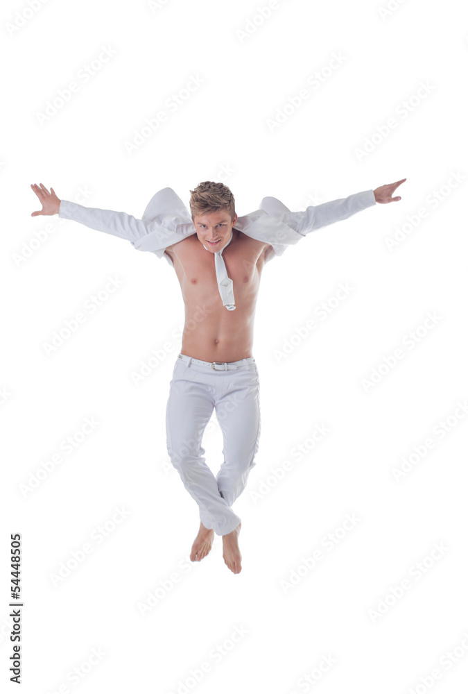 Handsome stylish man jumping isolated on white Handsome stylish man jumping isolated on white
