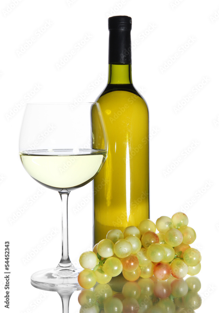 White wine glass and bottle of wine isolated on white