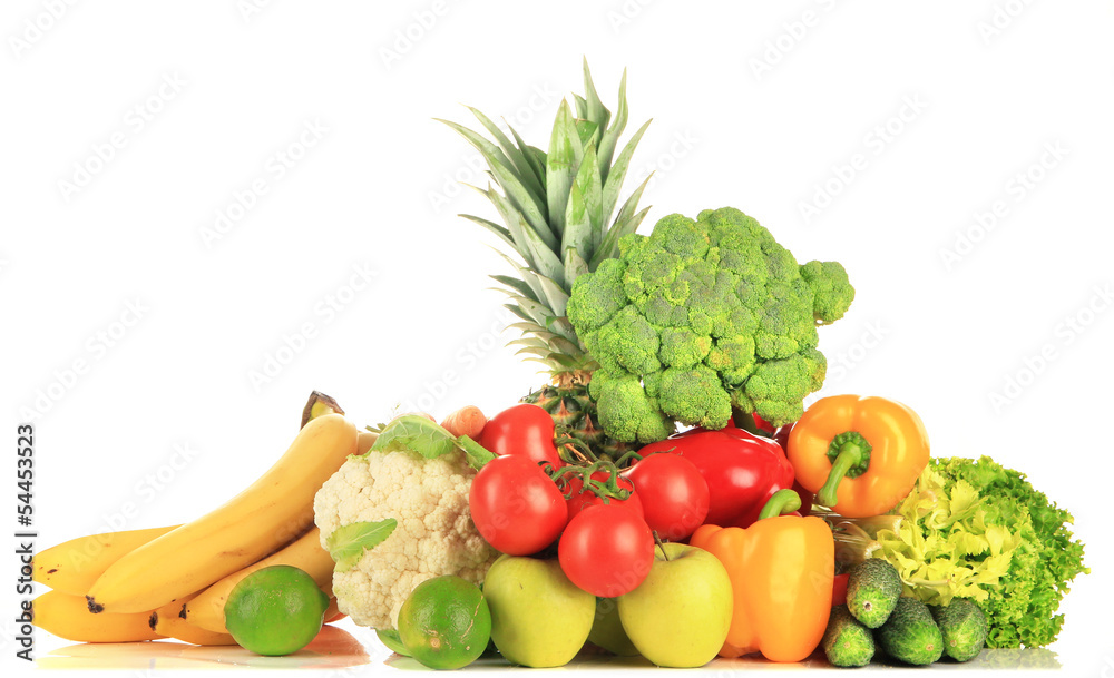 Assortment of fresh fruits and vegetables, isolated on white Assortment of fresh fruits and vegetables, isolated on white