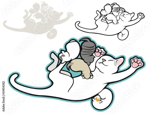 Happy mama cat with four kittens