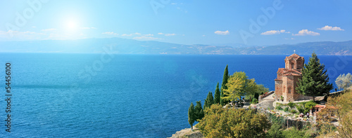 St. Jovan Kaneo church overlooking Ohrid lake, Macedonia on a su