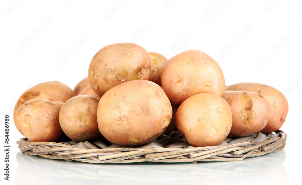 Potato on wicker wooden tray isolated on white Potato on wicker wooden tray isolated on white
