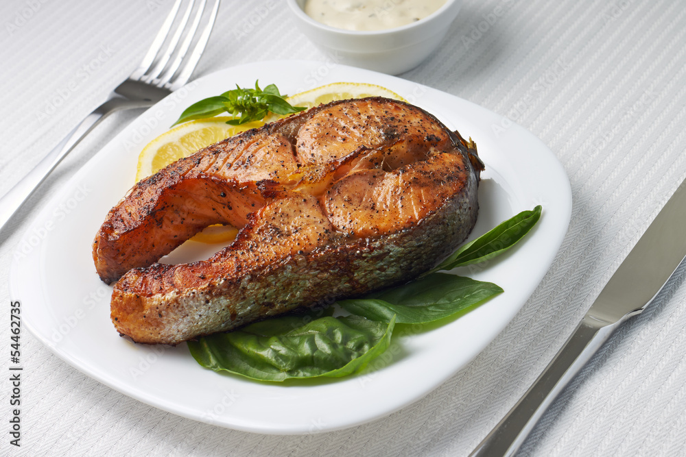Fresh Salmon Steak on Served Table Fresh Salmon Steak on Served Table