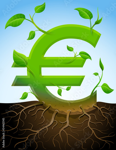 Growing euro symbol like plant with leaves and roots in ground