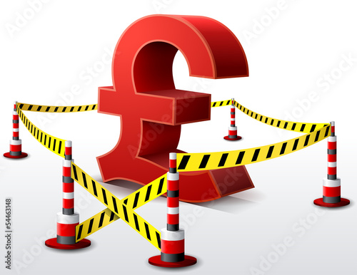 Pound sterling sign located in restricted area with barrier tape