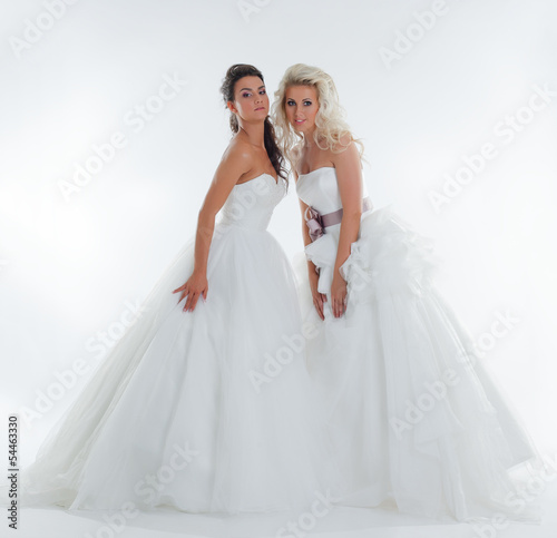 Image of alluring stylish brides posing in studio