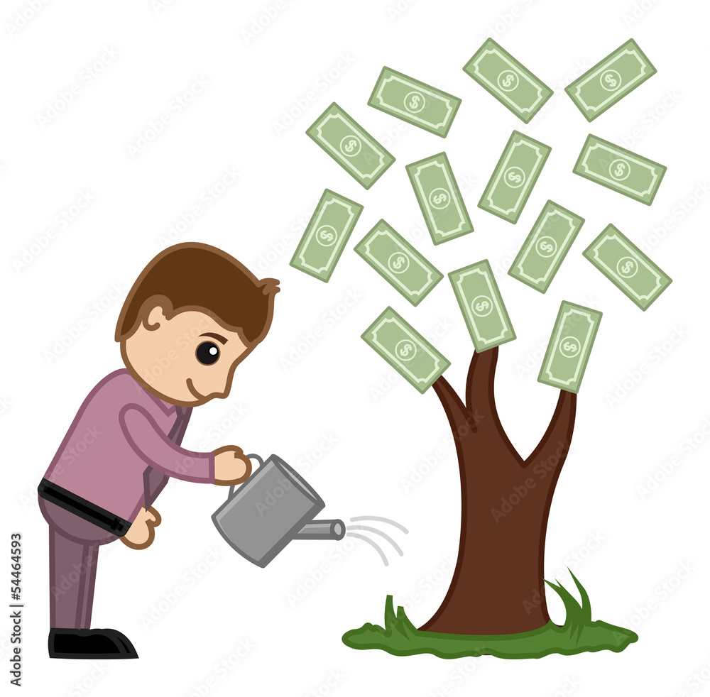 Watering Money Tree - Vector Illustration Watering Money Tree - Vector Illustration
