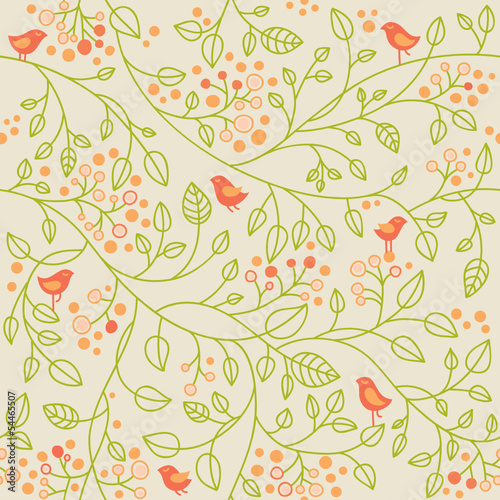 Seamless pattern with small birds and berries