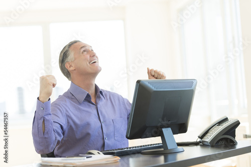 Successful Businessman With Clenched Fist Looking Up In Office