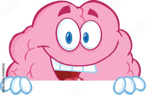 Smiling Brain Cartoon Character Over A Blank Sign