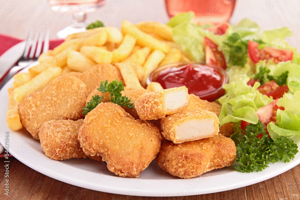 nugget,french fries and salad nugget,french fries and salad