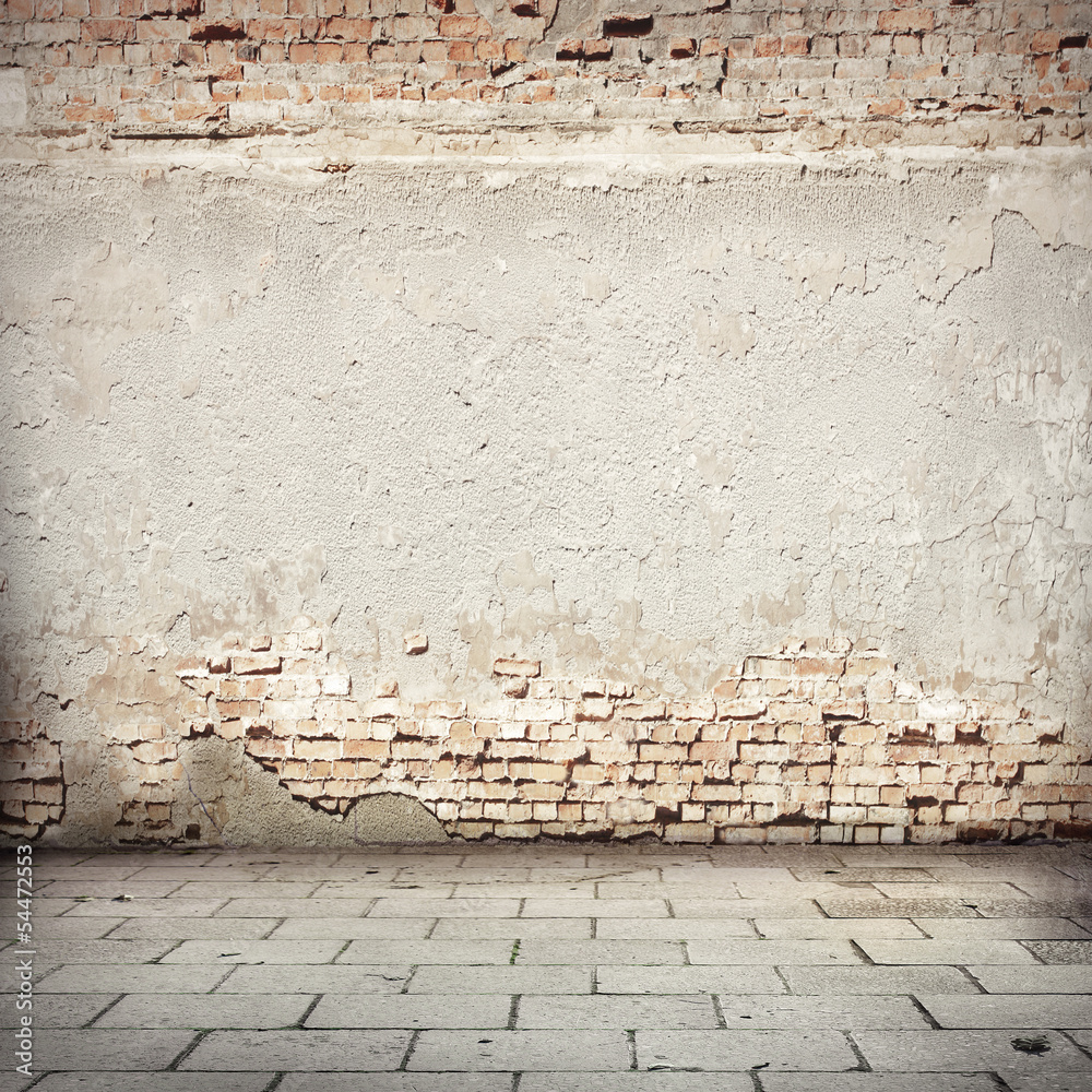 red brick wall texture road sidewalk abandoned urban background Stock ...