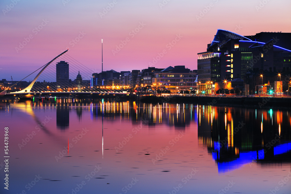 North bank of the river Liffey at Dublin City Center at night