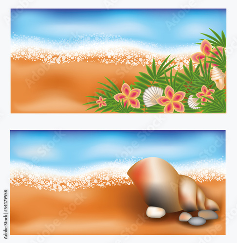 Summer tropic banners with flowers and seashell