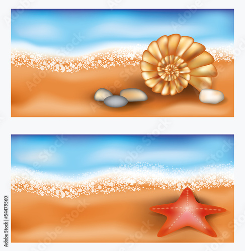 Summer beach banners with starfish and seashell, vector