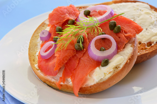 Smoked salmon lox on Asiago cheese bagel