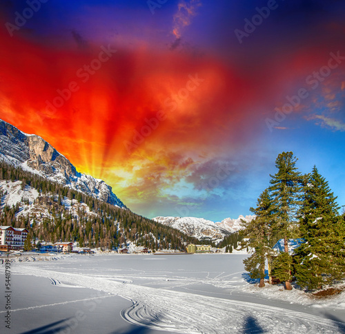Beautiful colors of Dolomites Landscape in Winter photo