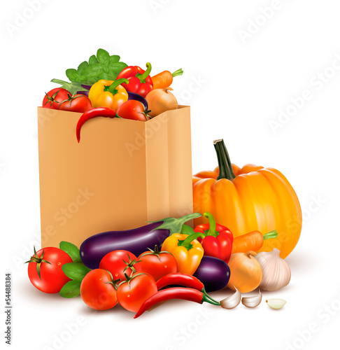 Background with fresh vegetables in paper bag. Healthy Food. Vec