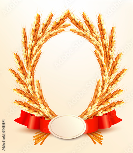 Ripe yellow wheat ears with red ribbons. Vector background