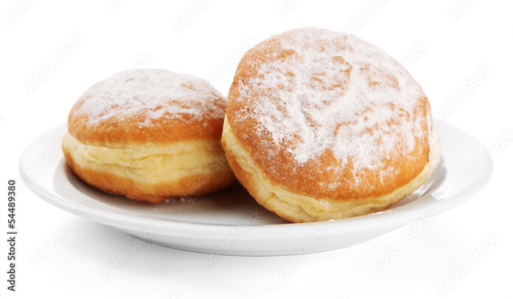 Tasty donuts on plate, isolated on white