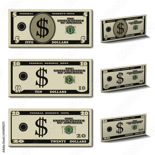 vector five ten twenty dollar banknotes